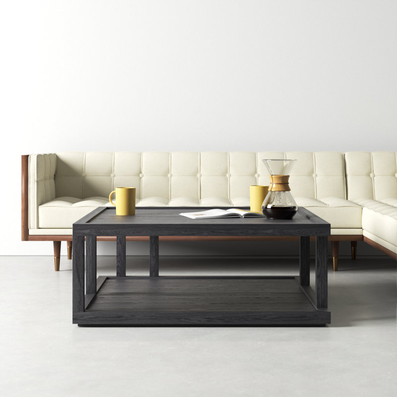 Black Solid Wood Square Coffee Table with Shelf