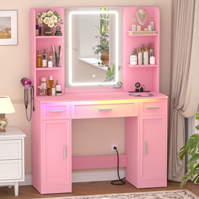 Vanity Desk with Drawers and Shelves, Makeup Vanity Desks with Power Strip, Mirror and Lights