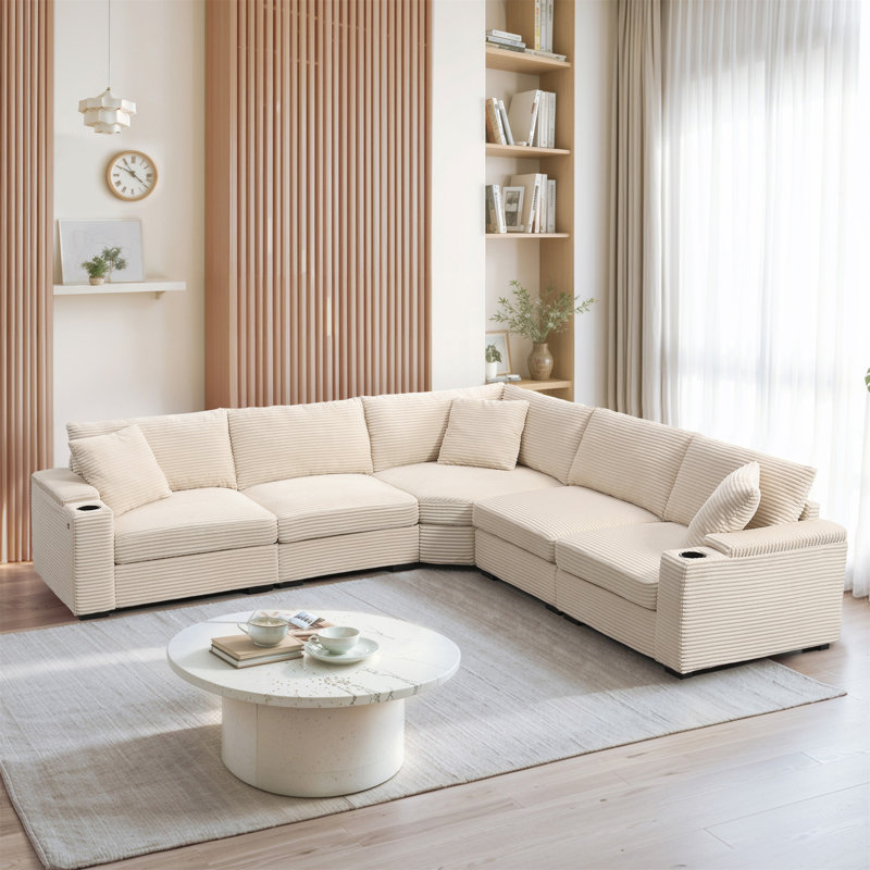 Canapé modulaire convertible en forme de L 106 po, Velours côtelé beige