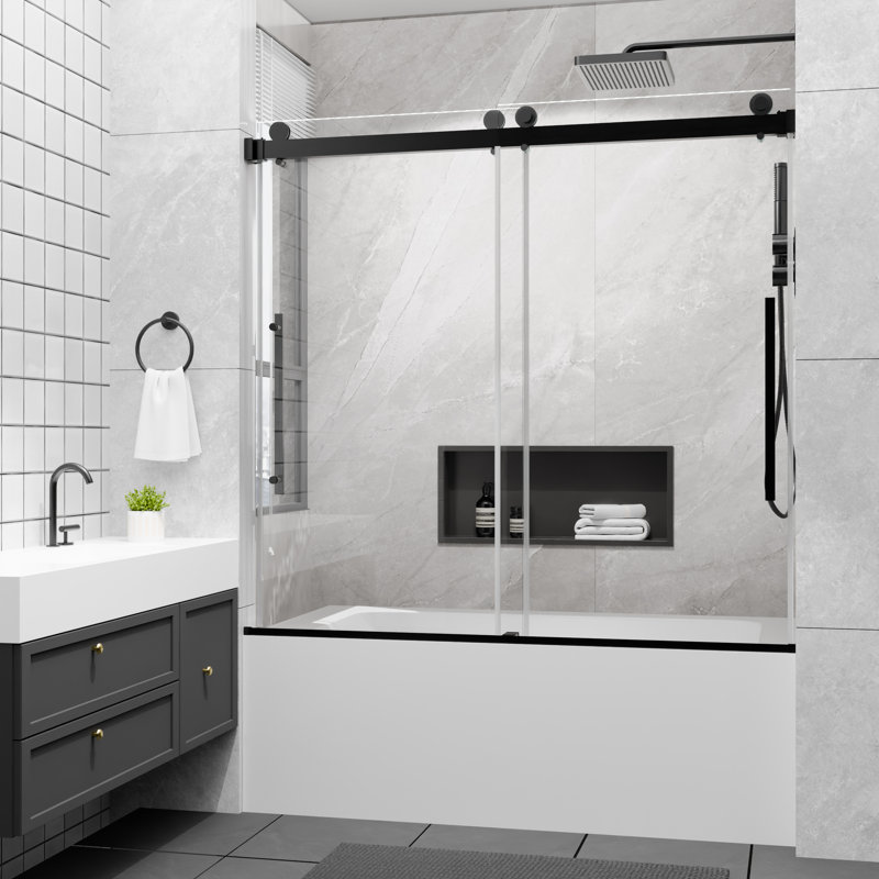  56-60 in. W x 58 in. H Semi-Frameless Double Sliding Tub Door with 1/4 in. Clear Tempered Glass in Matte Black, Matte Black
