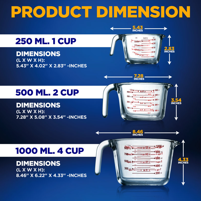 NutriChef 3 -Piece Glass Measuring Cup Set