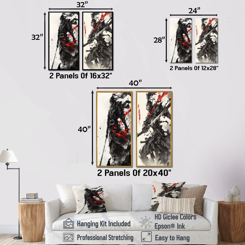 China Warrior In And Red Tones I - Ensemble de 2 pièces d'art mural Warrior China, H 32 po x l 32 po, Cadre flottant blanc