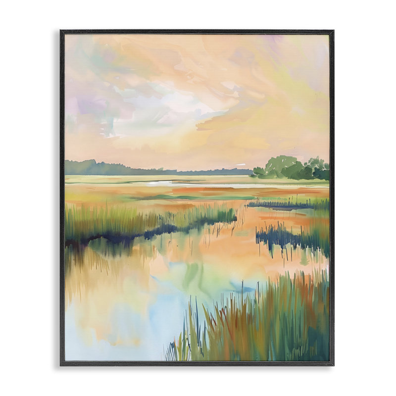 Giclée encadrée, "Marsh Sunset over Tranquil Stream", design par LSR Design Studio, 30 x 24, Giclée noire de minuit encadrée