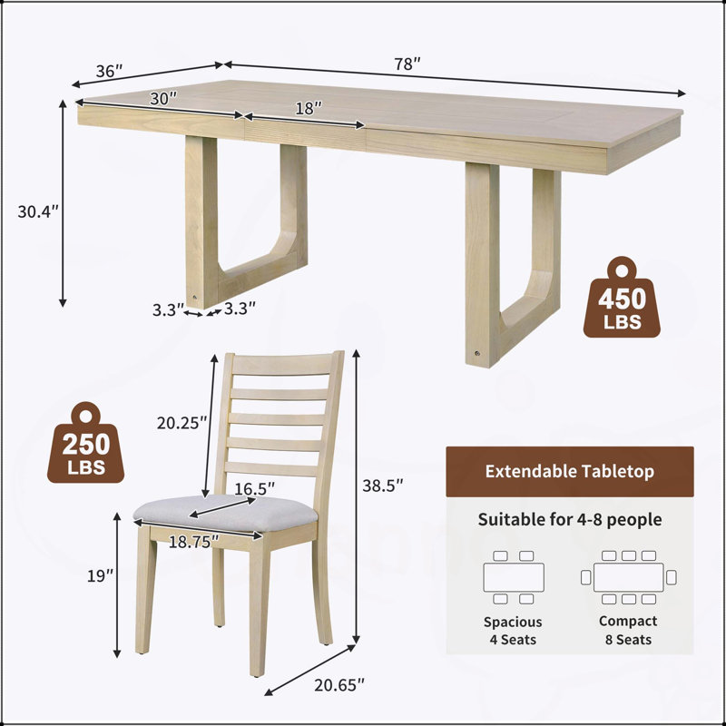 7 Piece Extendable Dining Table Set with 18\, Natural, Natural