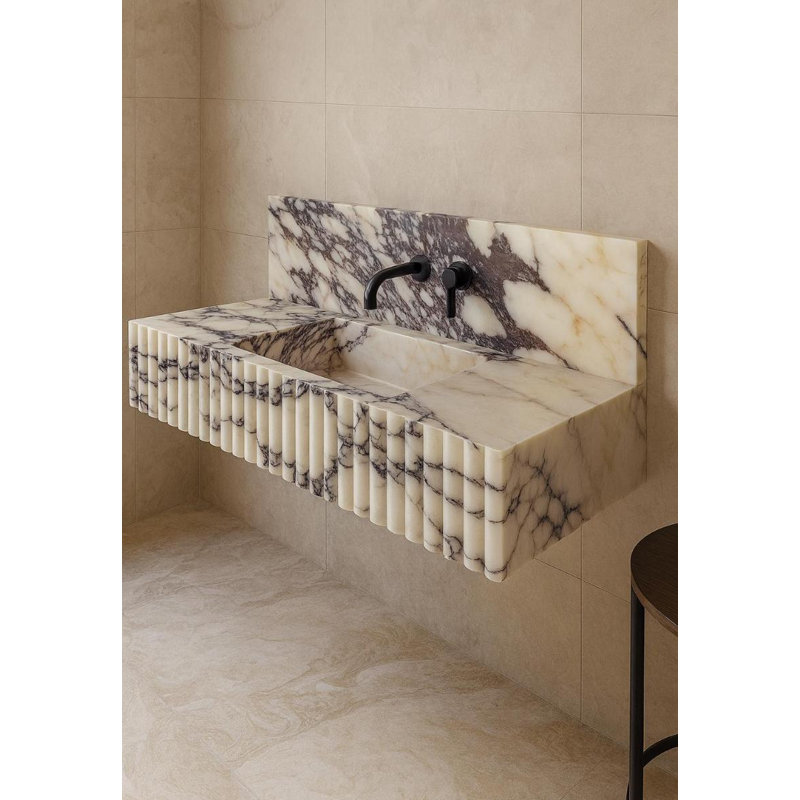 Évier de luxe en marbre sur mesure avec façade nervurée - Pierre de style Calacatta Viola