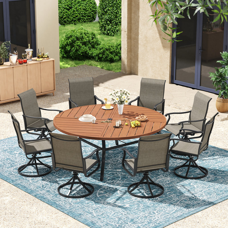 8-Person Patio Dining Set with 60" Round Patio Dining Table and 8 PVC-coated polyester Swivel Chairs, Brush Wood Brown/Brown