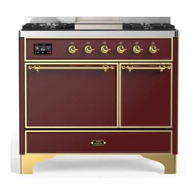 Majestic III Series 40 Inch Dual Fuel Range with 6 Sealed Burners, Griddle, in Burgundy (Natural Gas, Brass Trim)