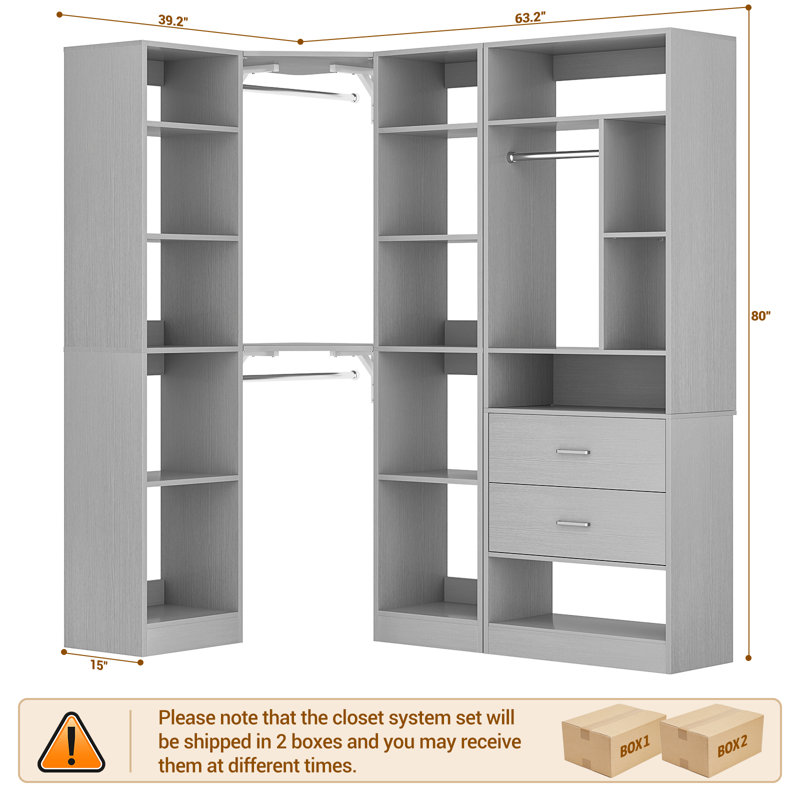63.2" L X 39.2" W X 80" H Corner Closet System,Freestanding Closet Organizer System With 2 Drawers & 12 Shelves, Gray