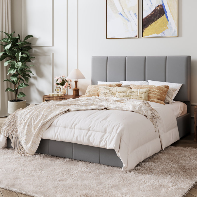 Lit plateforme tapissier hydraulique avec tête de lit réglable, Gris brumeux, Grand