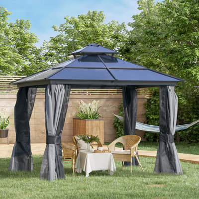 Pavillon de jardin extérieur avec toit en polycarbonate et cadre en aluminium, filet et rideaux pour terrasse, toit de pelouse 10 pi x, cadre