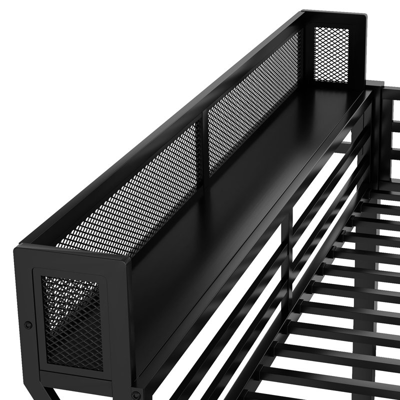 Grand lit superposé en métal noir pour adultes et adolescents, tablette de rangement, garde-corps, lattes