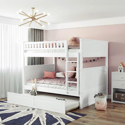 Full Over Full Bunk Bed With Twin Size Trundle, Pine Wood Bunk Bed With Guardrails