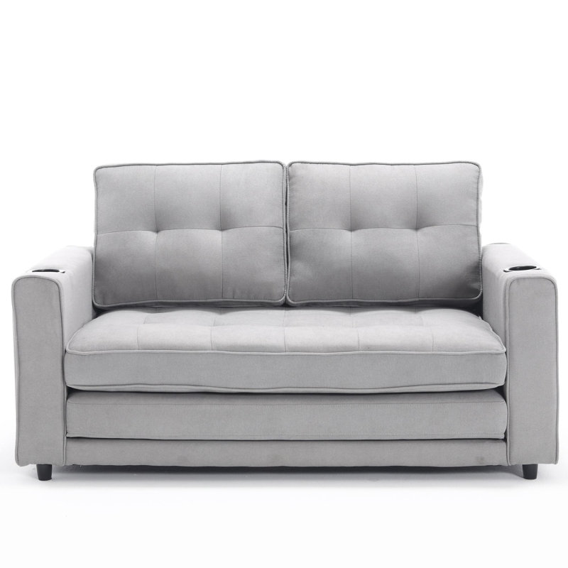  Upholstered Tufted Folding Loveseat Sofa Bed with Cup Holders & Side Pockets, Light Gray