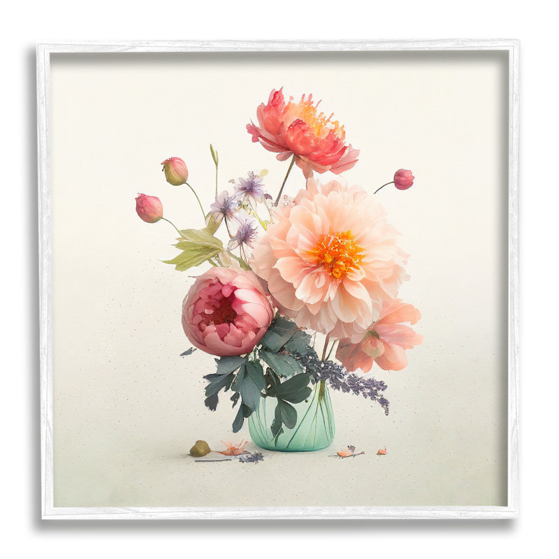 «Dahlia & Roses Bouquet» par Leah McLean, Giclée encadrée blanc bord de mer, H 24 po x l 24 po x P 1,5 po