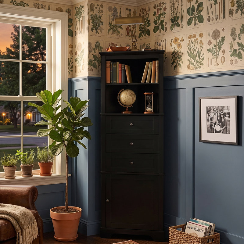 Traditional Tall Corner Cabinet, 68.9"H Freestanding Storage Unit With 3 Drawers & Adjustable Shelves, Black