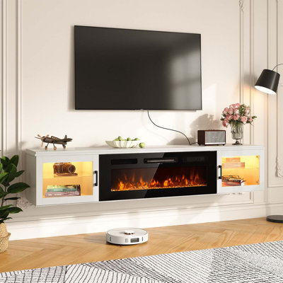 Meuble télé 70 po avec foyer électrique flottant de 36 po, centre de divertissement à DEL avec rangement, console de télévision murale avec porte en verre pour le salon