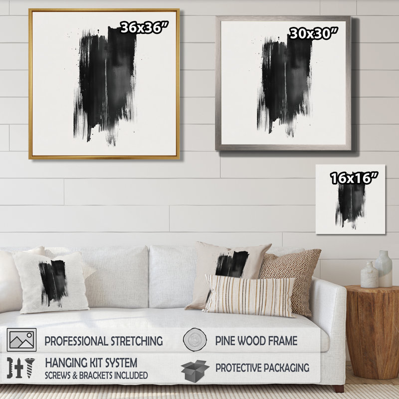 Minimaliste noir et blanc - Méditation au coup de pinceau II - Tableau abstrait minimaliste encadré, H 30 po x l 30 po