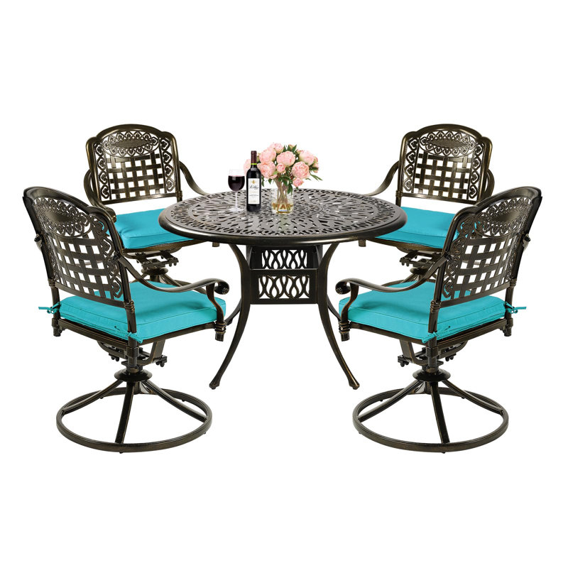 4 - Person Patio Dining Set with Round Table , Cushions Included, Ocean Blue