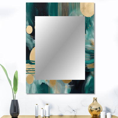 Vive émeraude et or contours des cercles II - grand miroir mural de formes abstraites, miroir unique moderne, art imprimé en métal