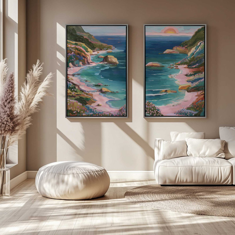 Ensemble de 2 estampes Crystal Rose Horizon, 18 po x 12 po, Cadre flottant doré poli