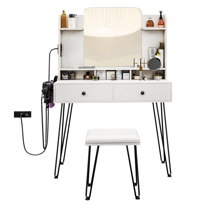 Dressing Table Makeup Vanity Table Set with Mirror, Power Outlets and Vanity Stool, White