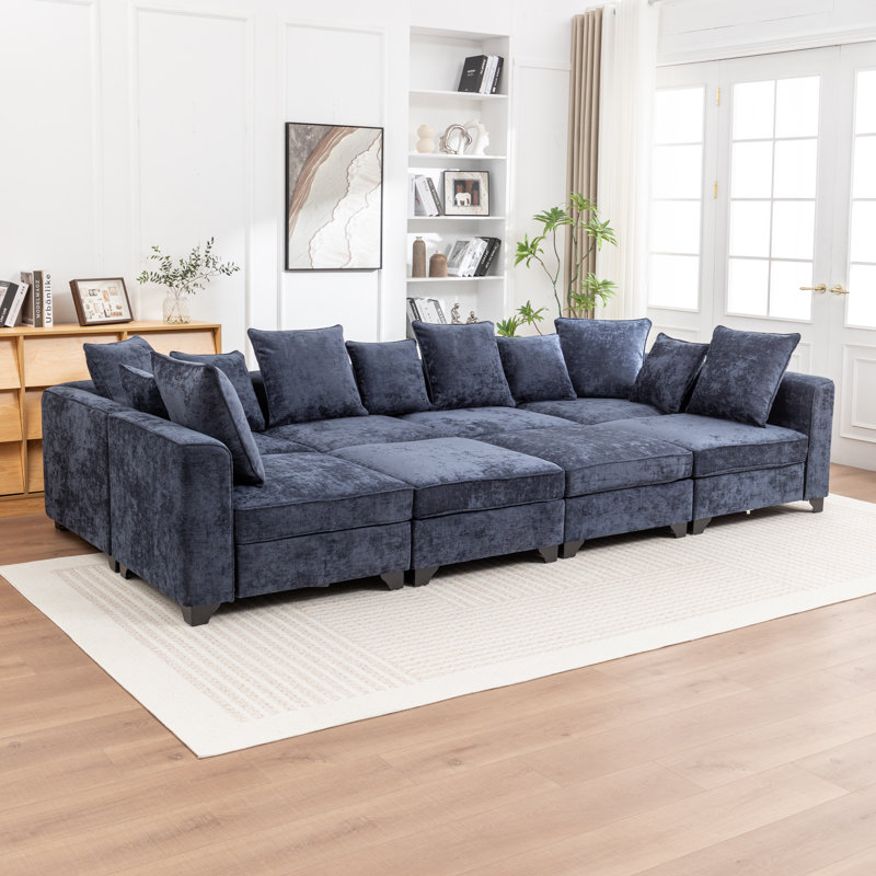 Bennett 8-Piece Upholstered Sleeper Sectional, Blue Chenille