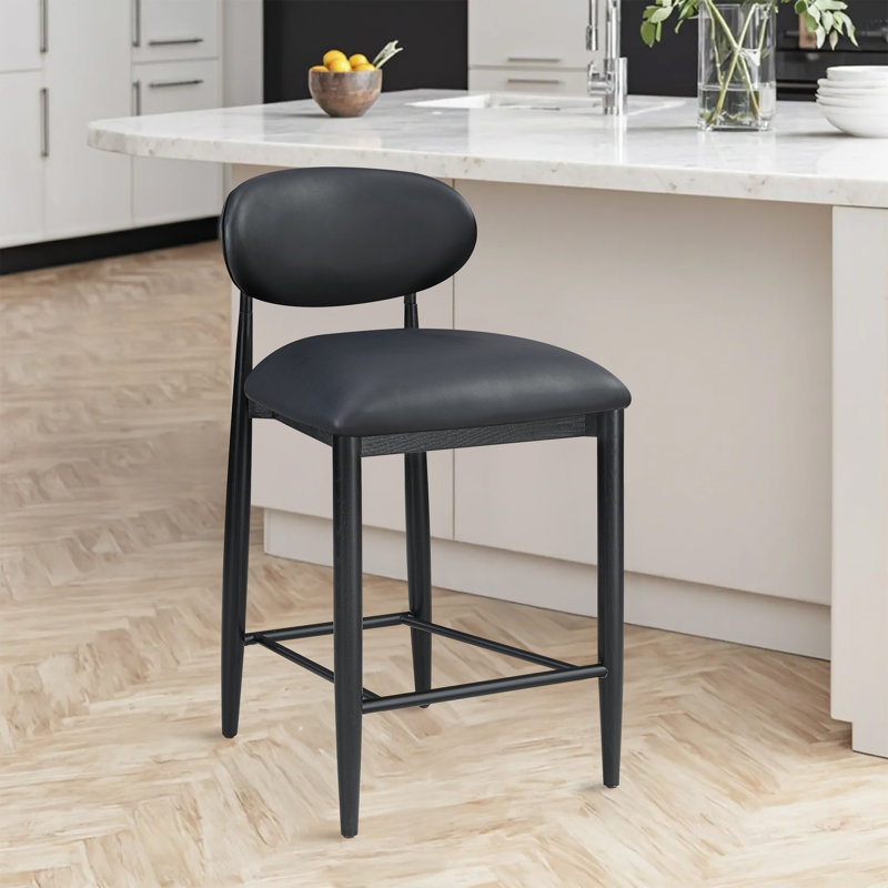 Tabouret Riccio, Noir, Fini thermolaqué, Cuir végétalien noir