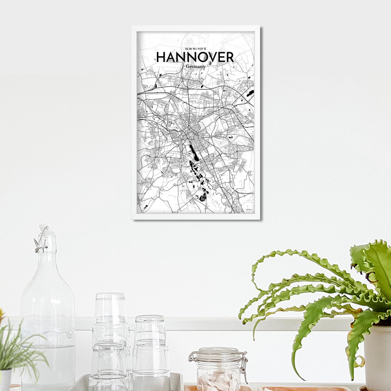 «Hannover City Map», impression, H 17 po x l 11 po, Noir / blanc