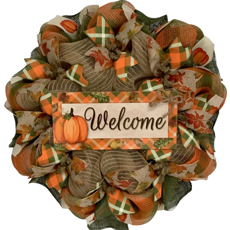 Couronne de récolte avec citrouille et bordure Argyle, 24 Inch
