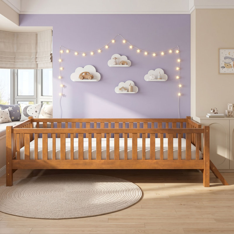 Lit plateforme simple en bois avec garde-corps, Noyer
