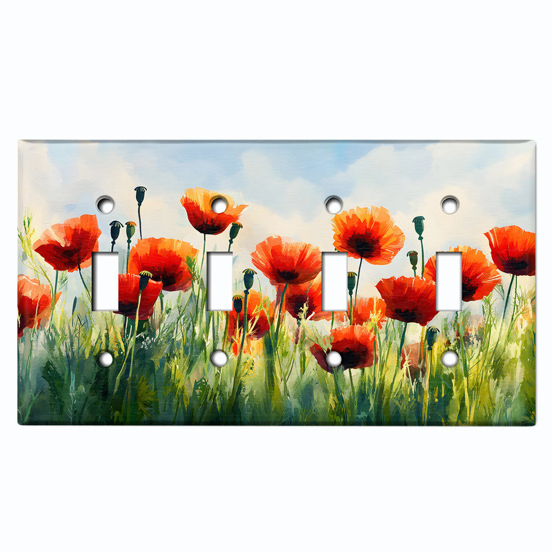 Couvercle de plaque d'interrupteur en métal; Bascule à 4 bandes US standard - Poppy Wildflowers, # 4 Quad bascule