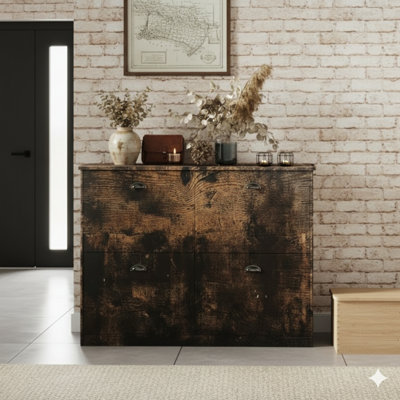 Discreet, Slimline Shoe Storage Cabinet With Four Drawers For Entryways, Foyers, Hallways, And Bedrooms, In Original Wood Tone (RETRO Style)