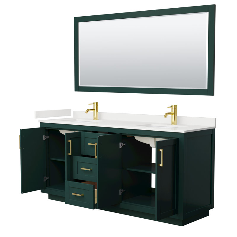 Ensemble de meuble-lavabo double autoportant 72 po avec plateau en quartz Miranda, Quartz blanc, Vert, Or brossé