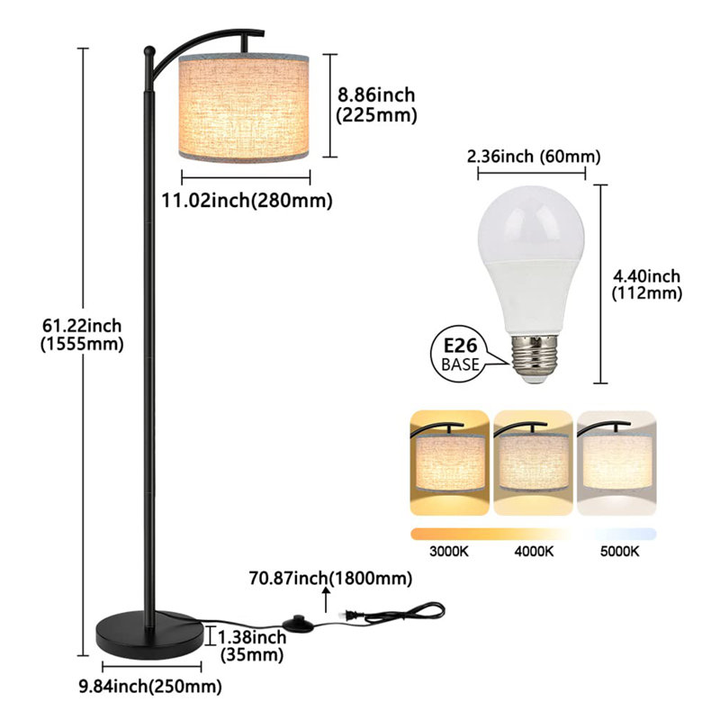Floor Lamp for Living Room with 3 Color Temperatures LED Bulb, Black