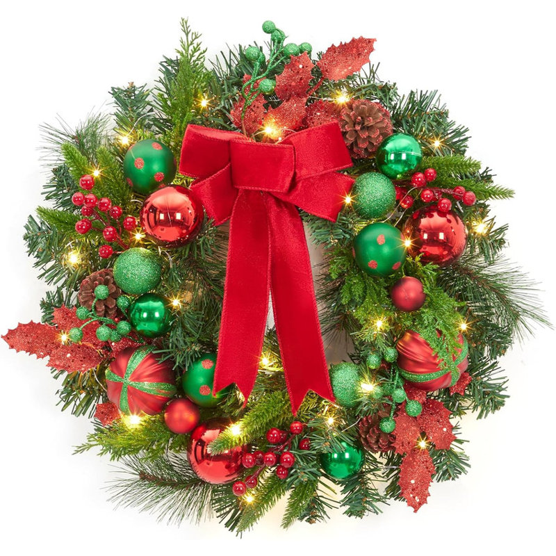 Couronne de Noël lumineuse 22 pouces avec 30 lumières DEL, boules rouges et vertes et nœuds en velours