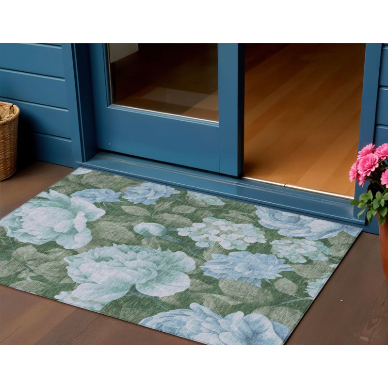 Tapis extérieur lavable floral bleu ciel et taupe 3 pi x 5 pi
