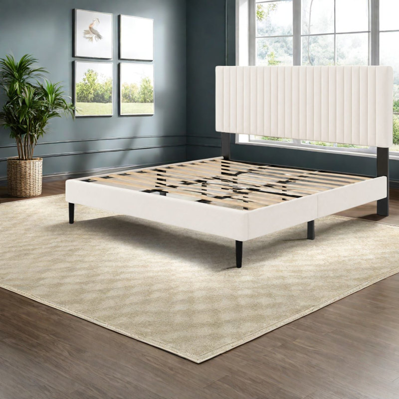 Très grand lit robuste, structure en velours métallique, tête de lit ajustable moderne pour la maison, Beige