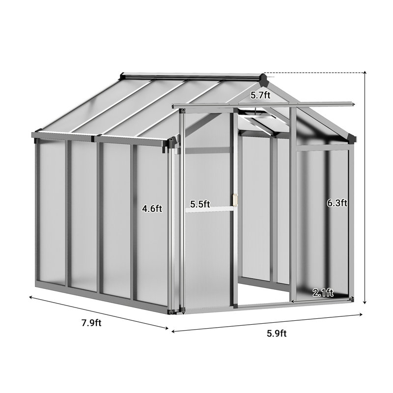 Serre en polycarbonate résistant aux intempéries GarveeHome pour cadre extérieur en aluminium durable, porte verrouillable coulissante, évent de toit réglable