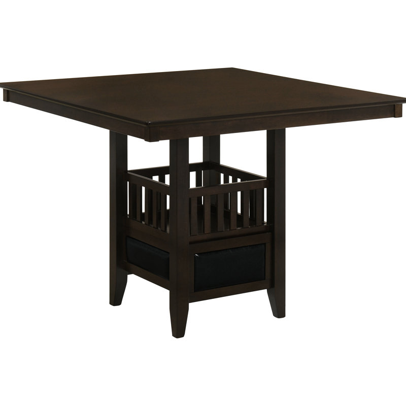 Table carrée à hauteur de comptoir pour salle à manger, piédestal avec rangement, porte-verres à pied, bac ouvert et compartiment à vin caché, placage sur bois franc