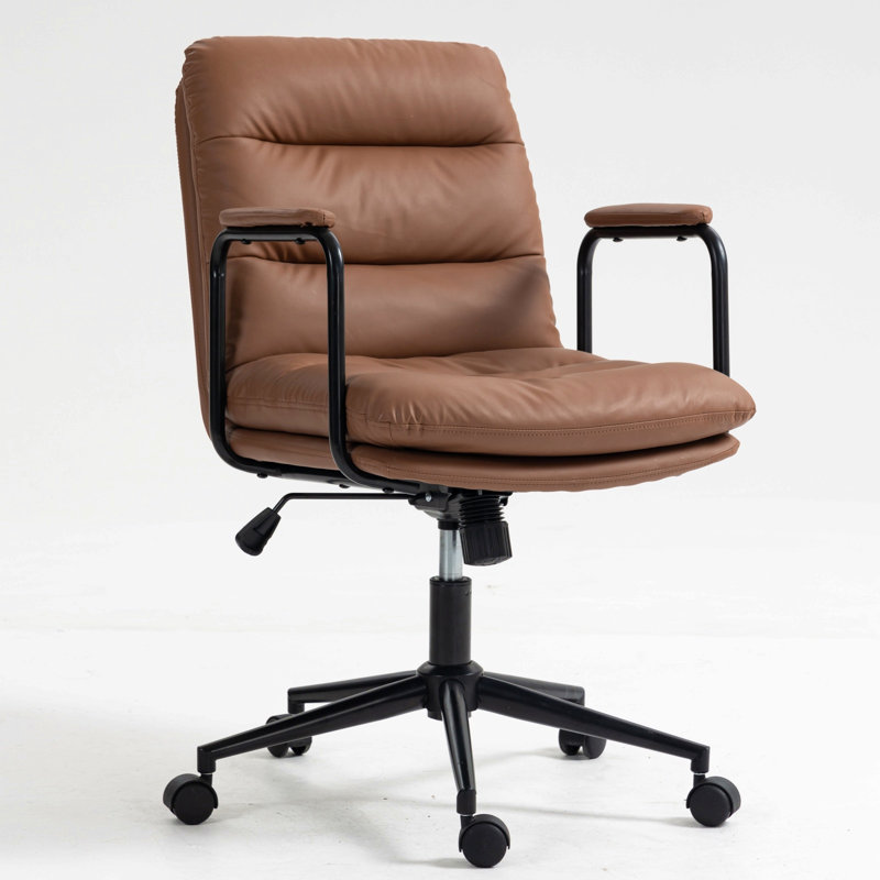 Office Chair,Mid Back Home Office Desk Task Chair With Wheels And Arms Ergonomic Pu Leather Computer Rolling Swivel Chair With Padded Armrest,The Back Of The Chair Can Recline 40°