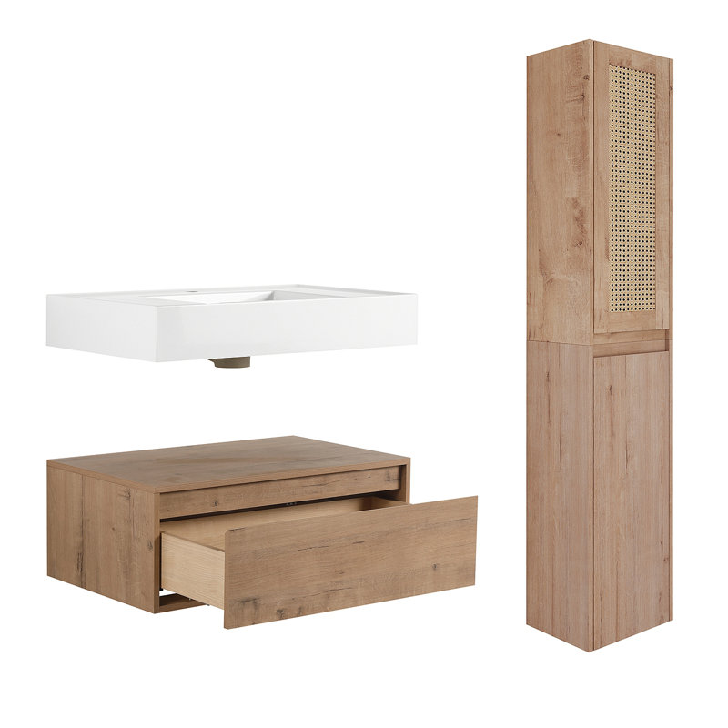 Meuble-lavabo mural 30 po avec lavabo en résine et armoire latérale, tiroir à fermeture en douceur (KD-Packing), armoire combinée 09430IMO-30M-SC00112-SC00512