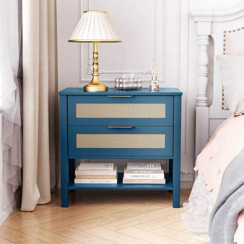 Table de chevet étroite en rotin avec 2 tiroirs et tablette de rangement Boho, Turquoise