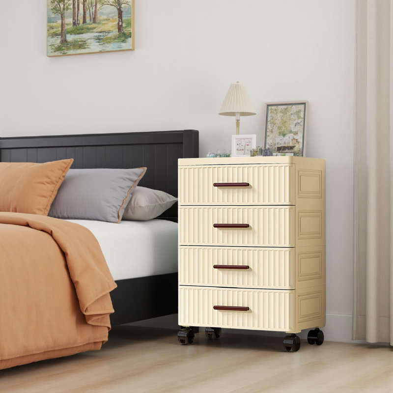 Plastic Chest of Drawers 4 Tiers, Pull Out Storage Bins With Wheels Vertical Storage Unit for Bedroom Closet Office