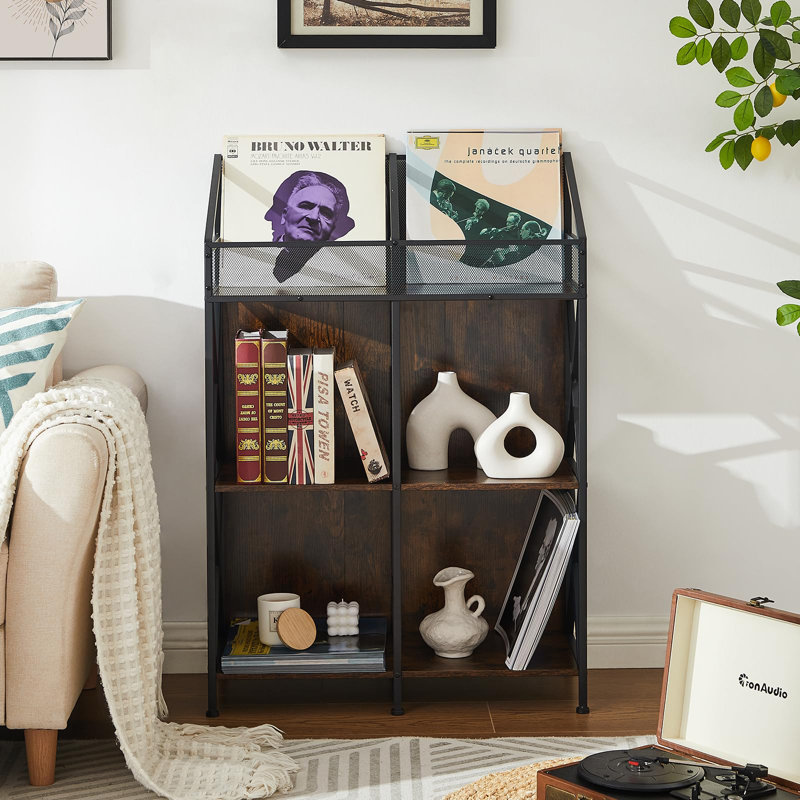 Brown and Black MDF Wood Vinyl Record Display Table with Steel Frame