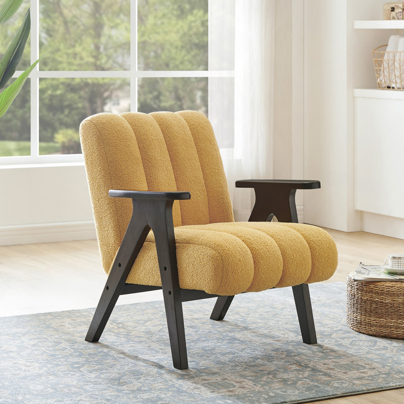 Chaise en bois avec accoudoirs et coussins de dossier jaune chaud, Jaune