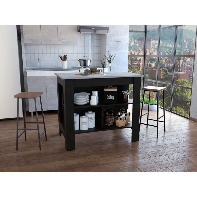 Îlot de cuisine, table de cuisine H 35 po, quatre pieds, trois tablettes de rangement ouvertes, finition marbre noir / Ibiza