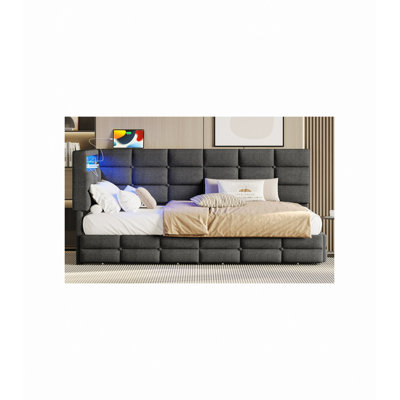 Daybed, Upholstered, With Storage 2 Drawers And Charging Station, Day Bed Frame With LED Lights And Storage Headboard, No Box-Spring Needed