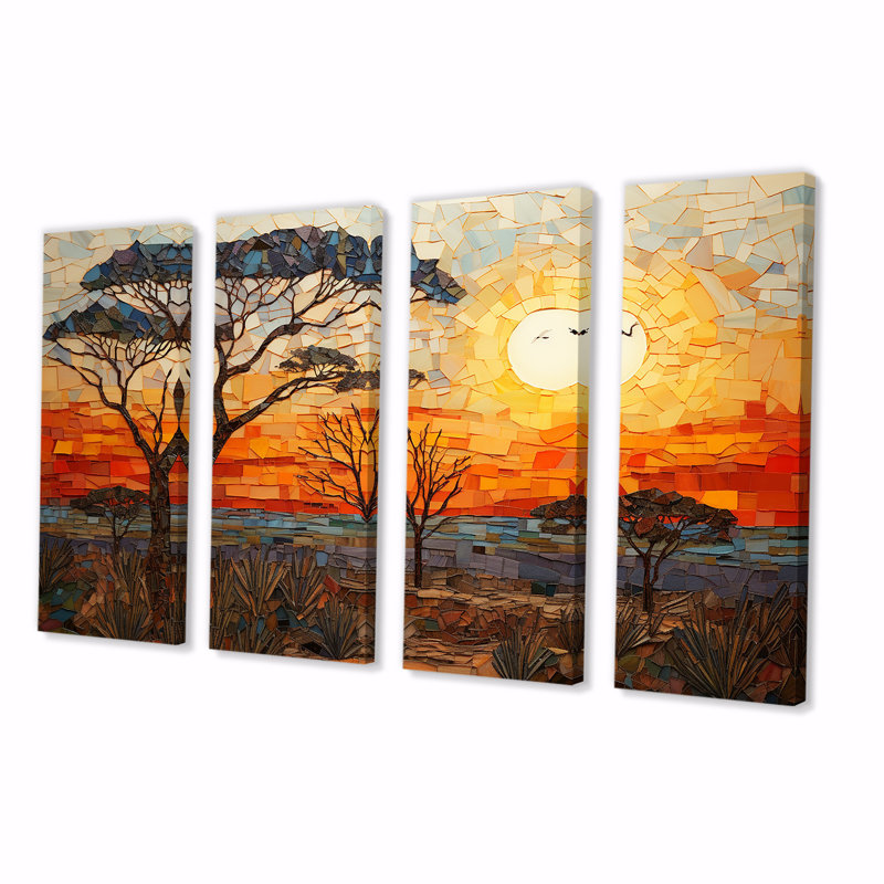 Savannah Sunset in African Safari Hues I - Boho Mosaic, art mural 4 pièces, H 28 po x l 48 po