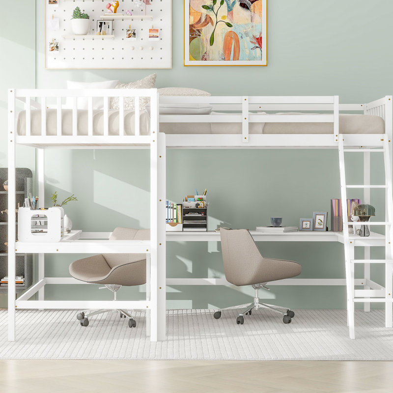 Lit mezzanine en bois simple en L blanc avec 2 bureaux à tricoter intégrés et bureau, Gris