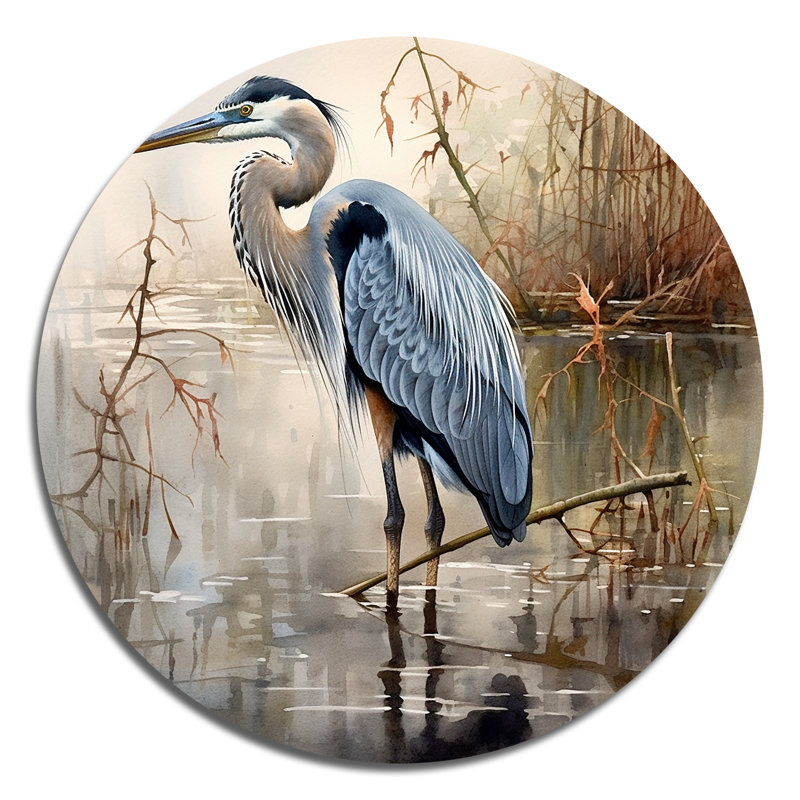 «Graceful Heron Waterbird IV», art rond en métal, H 16 po x l 16 po